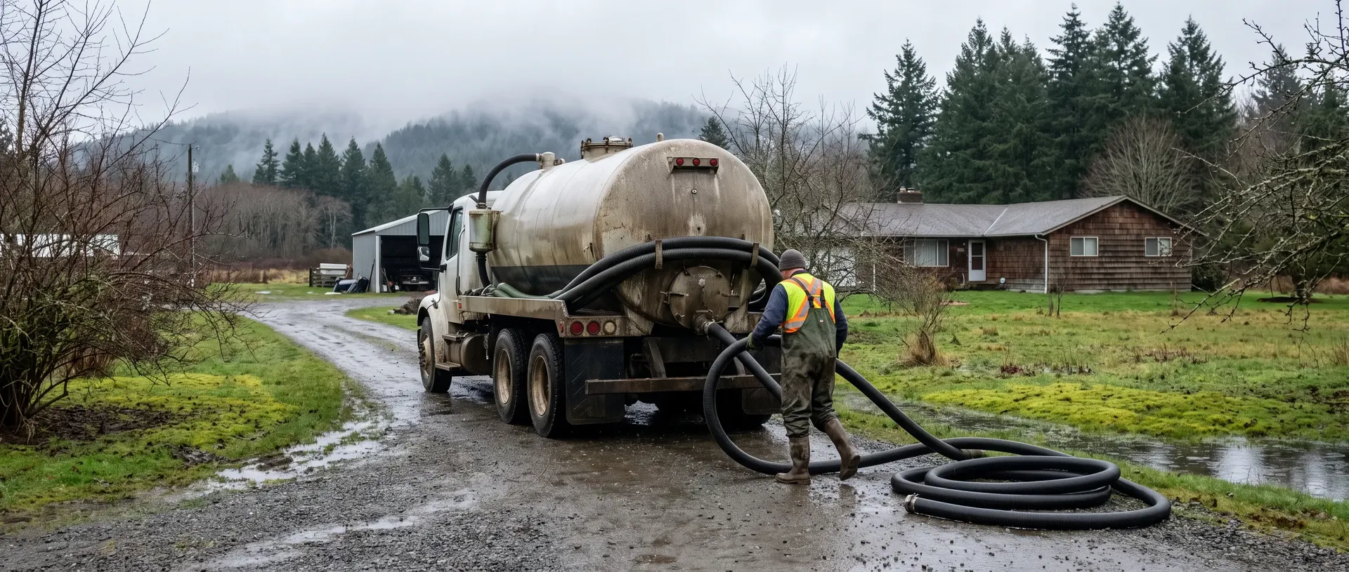 Septic service truck working a rural Whatcom County property in winter