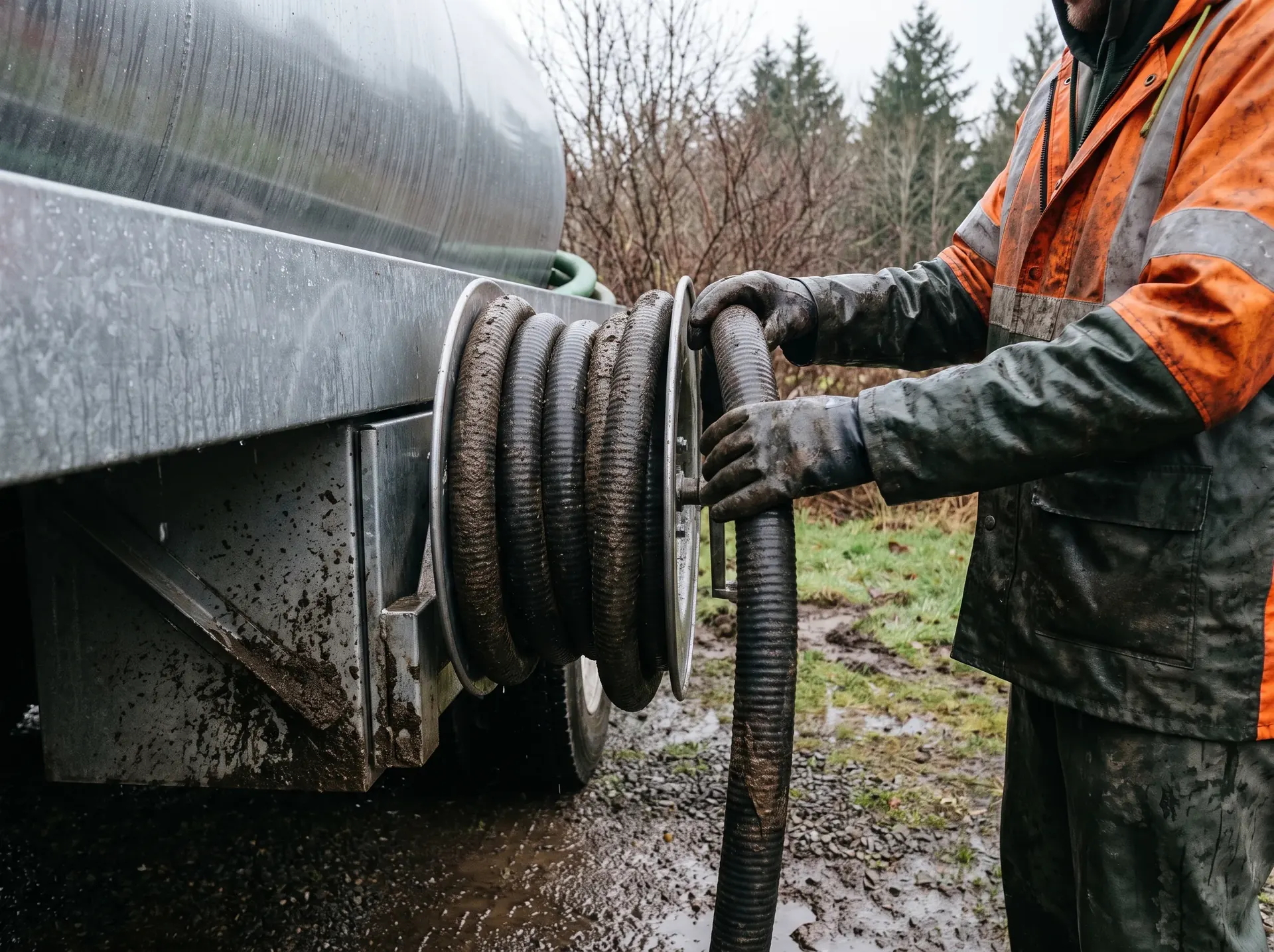 Septic technician cleaning equipment at the end of a job