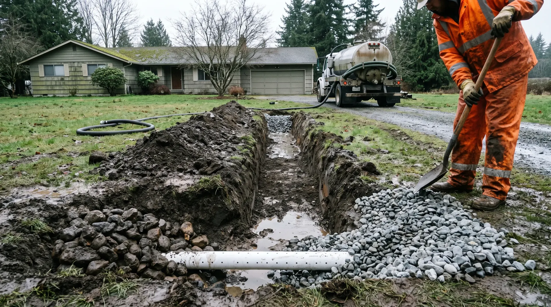 Open drain field trench showing failed and clean sections