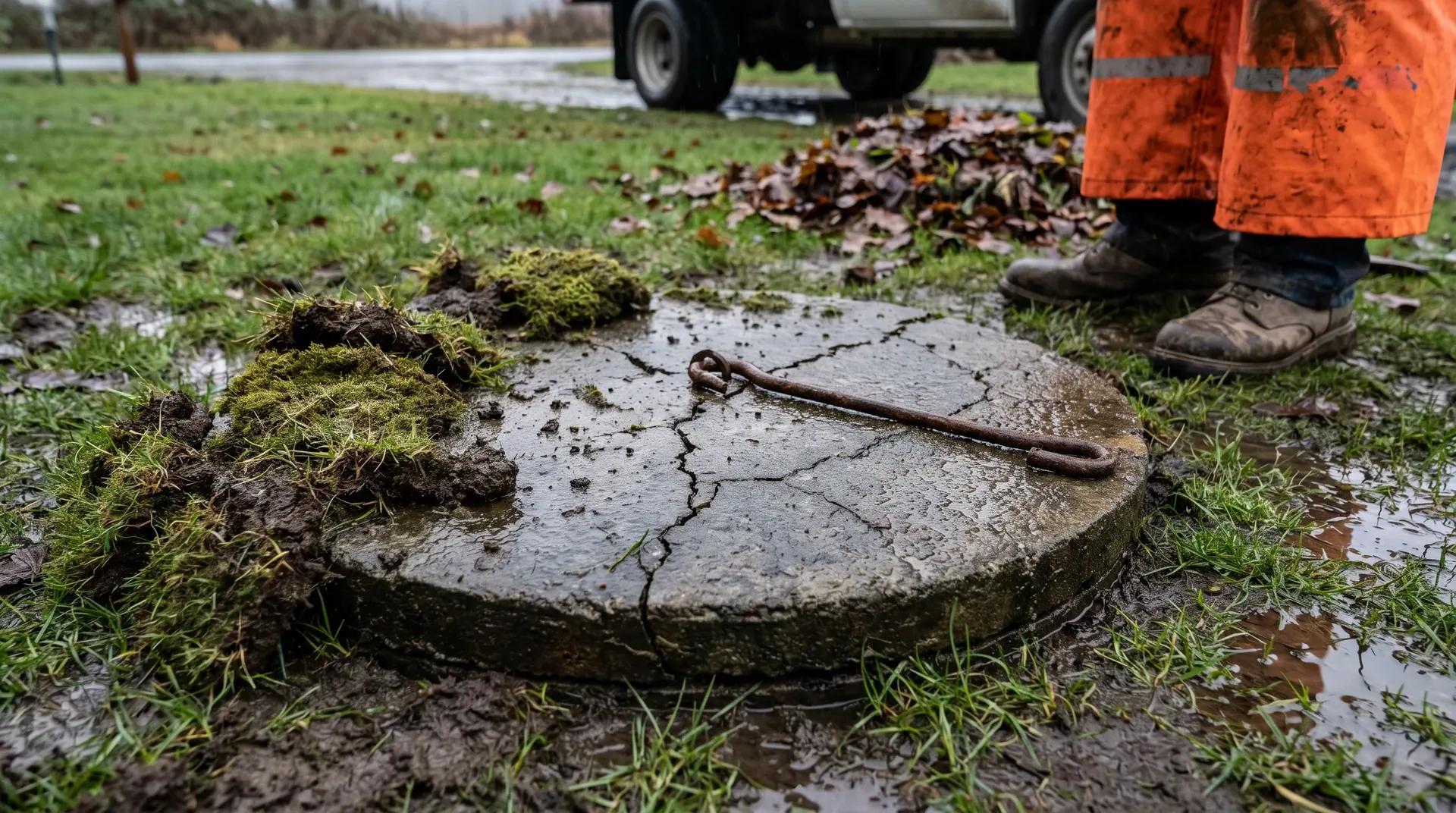 Older concrete septic tank lid weathered by decades in the ground