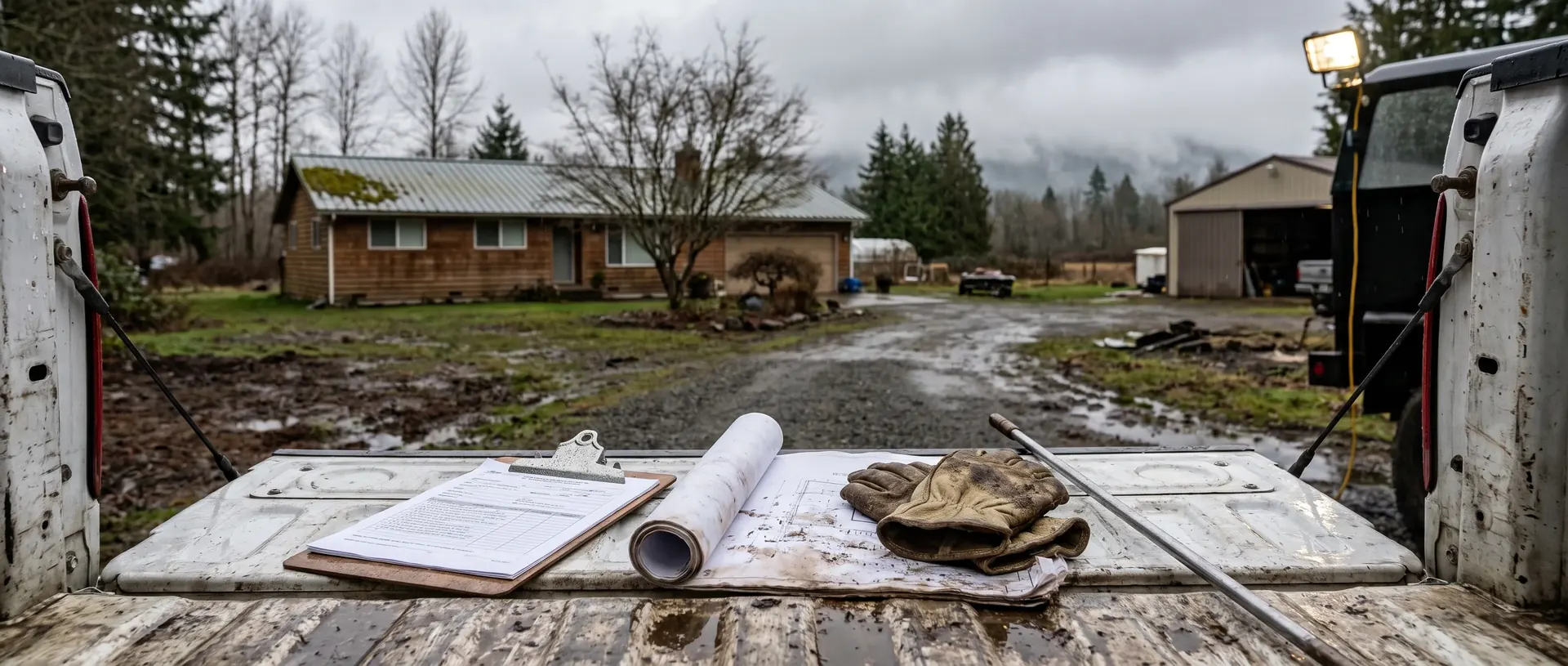 Septic paperwork and tools on the tailgate of a service truck