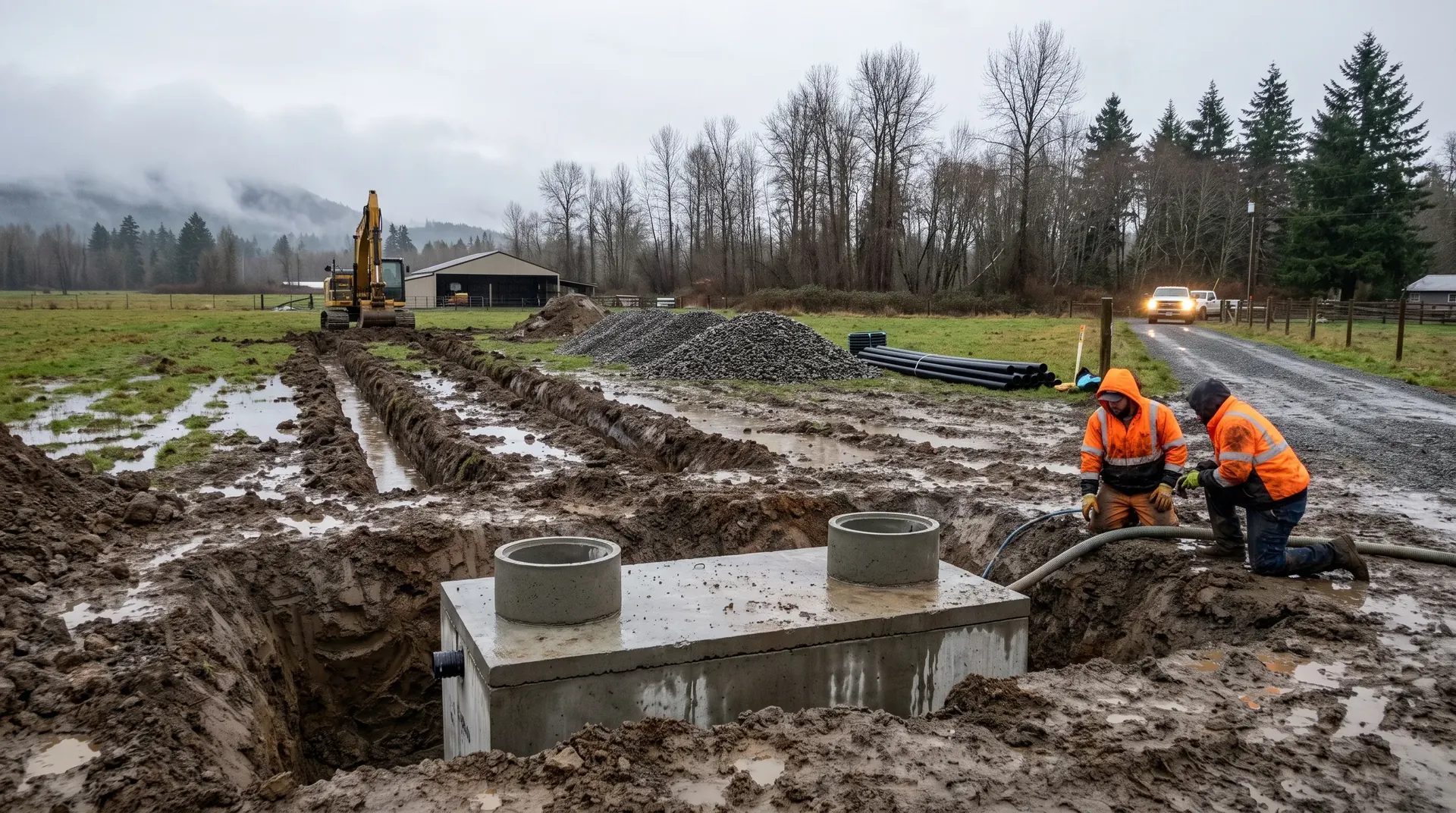 New septic system under construction on a rural Washington lot