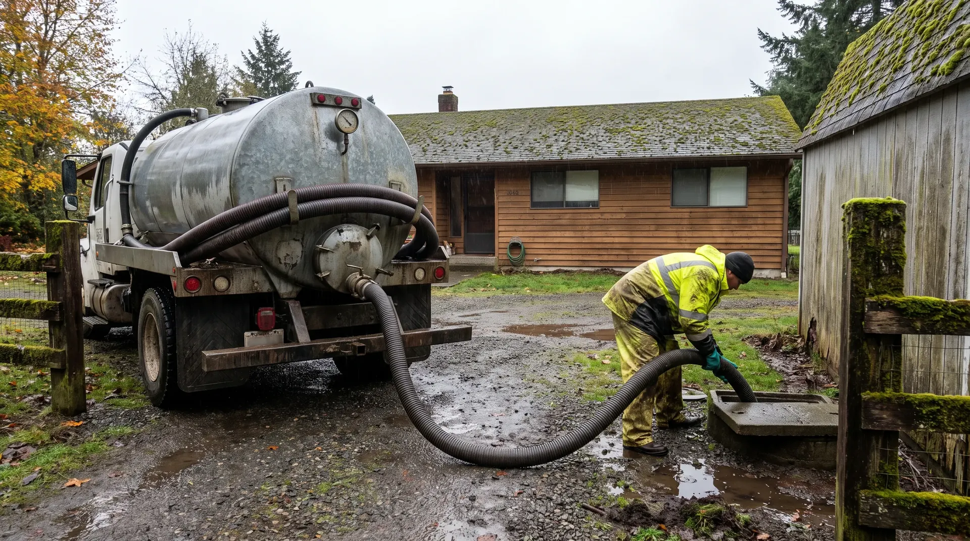 Septic truck and hose at a routine pump out