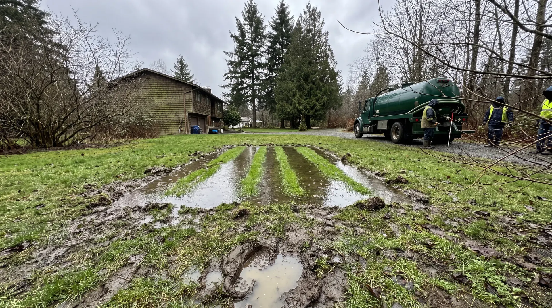 Soggy ground and standing water over a failing drain field