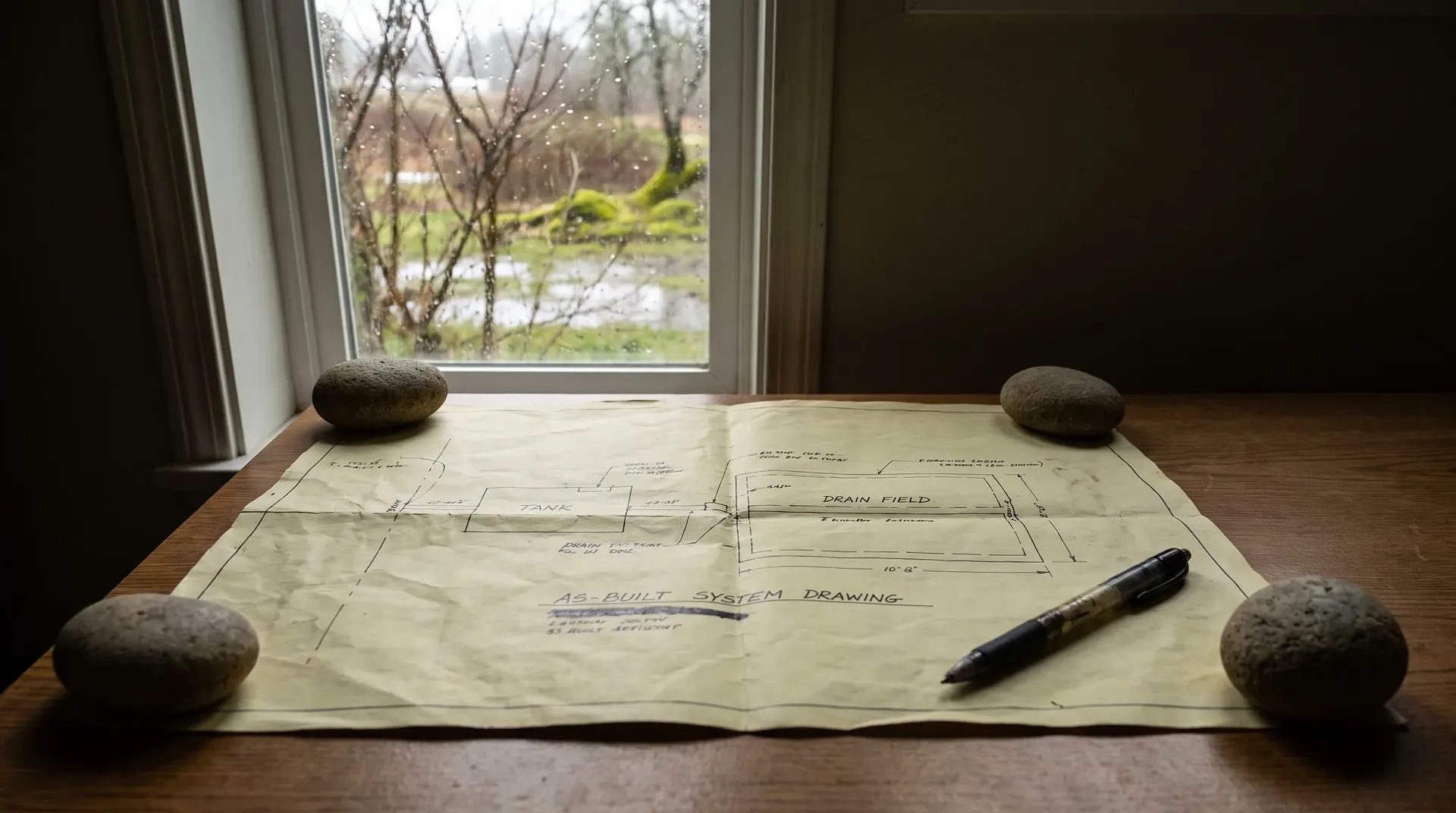 Septic as-built record drawing spread out for reference