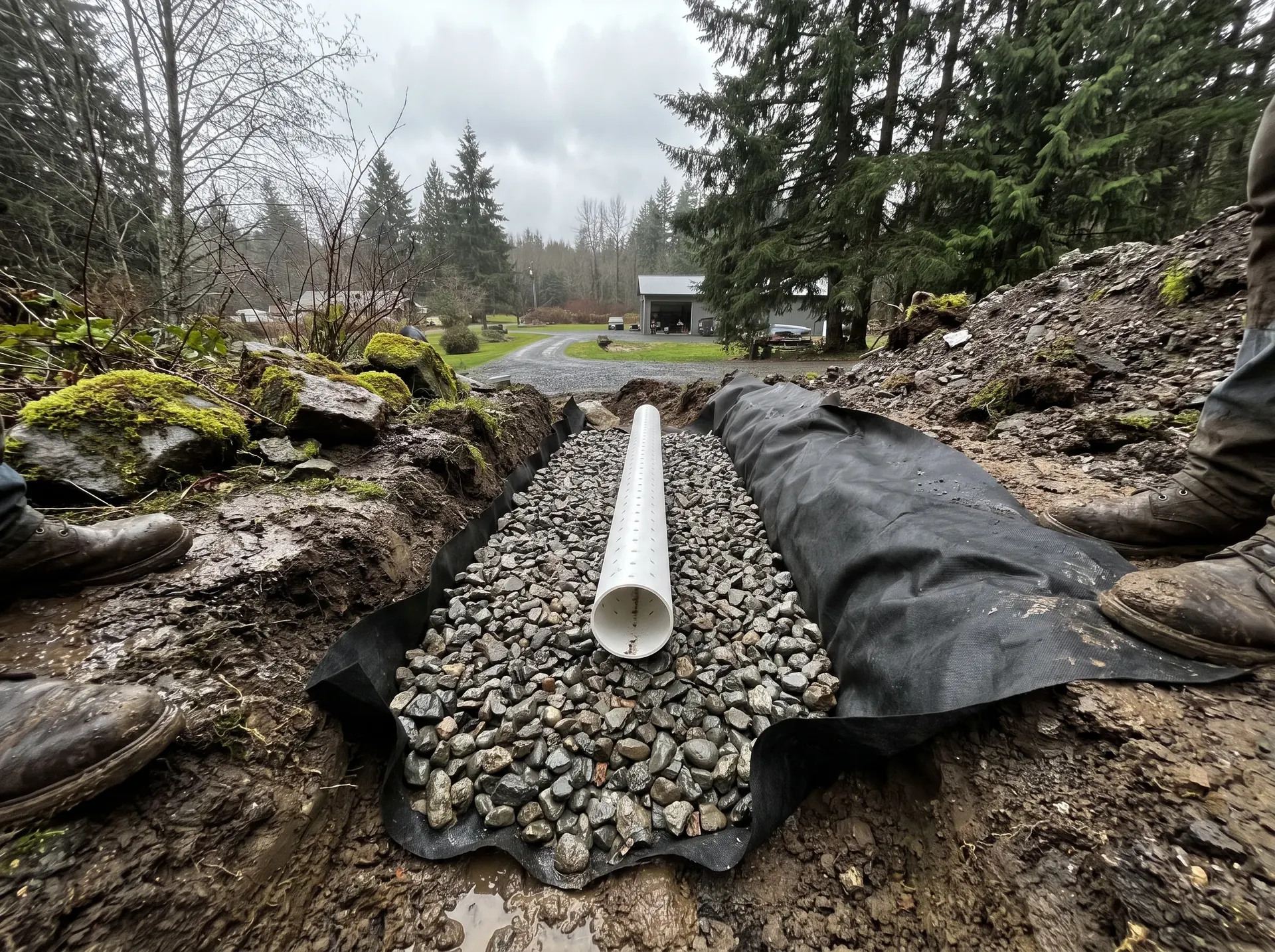 Perforated drain field pipe bedded in drain rock