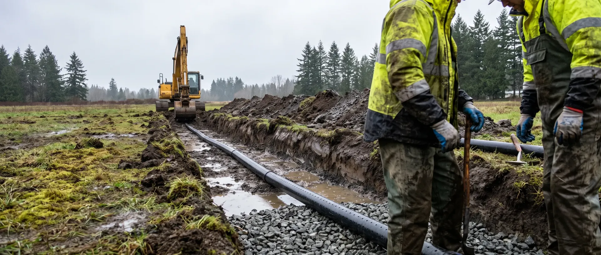 Drain field trench opened for repair in wet ground