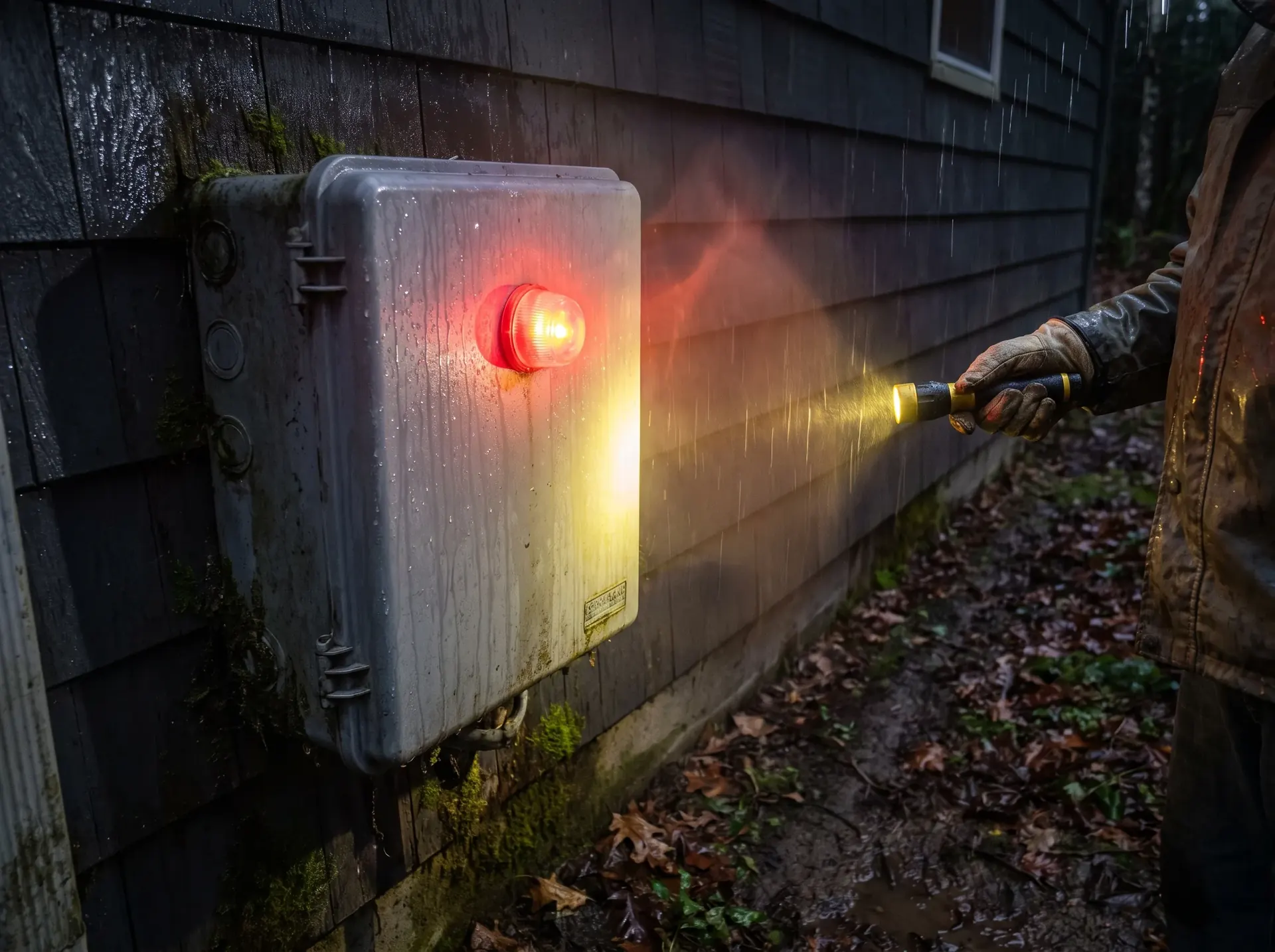 Septic alarm panel lit up on the side of a house at night