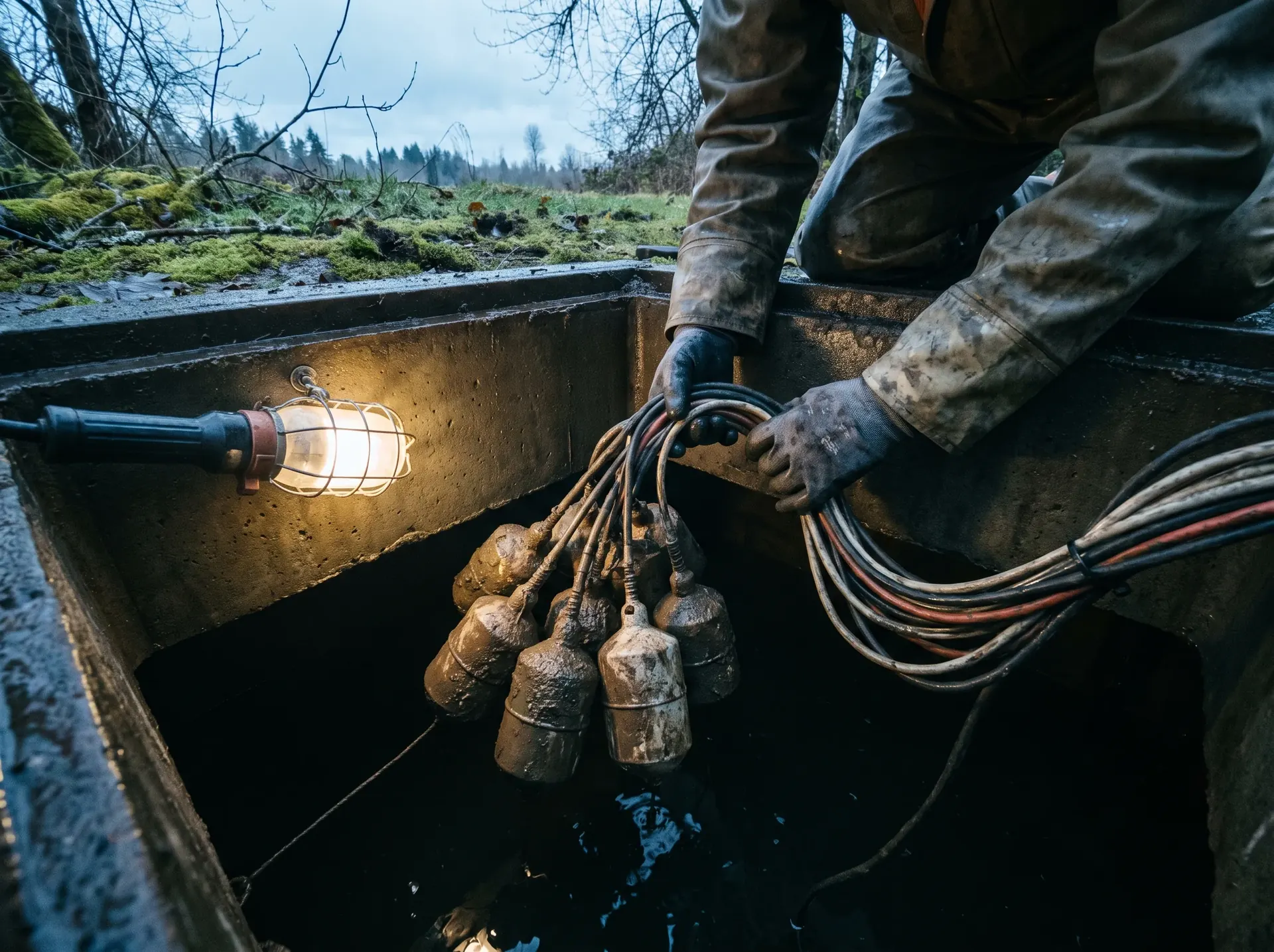 Float switches and wiring inside a septic pump chamber