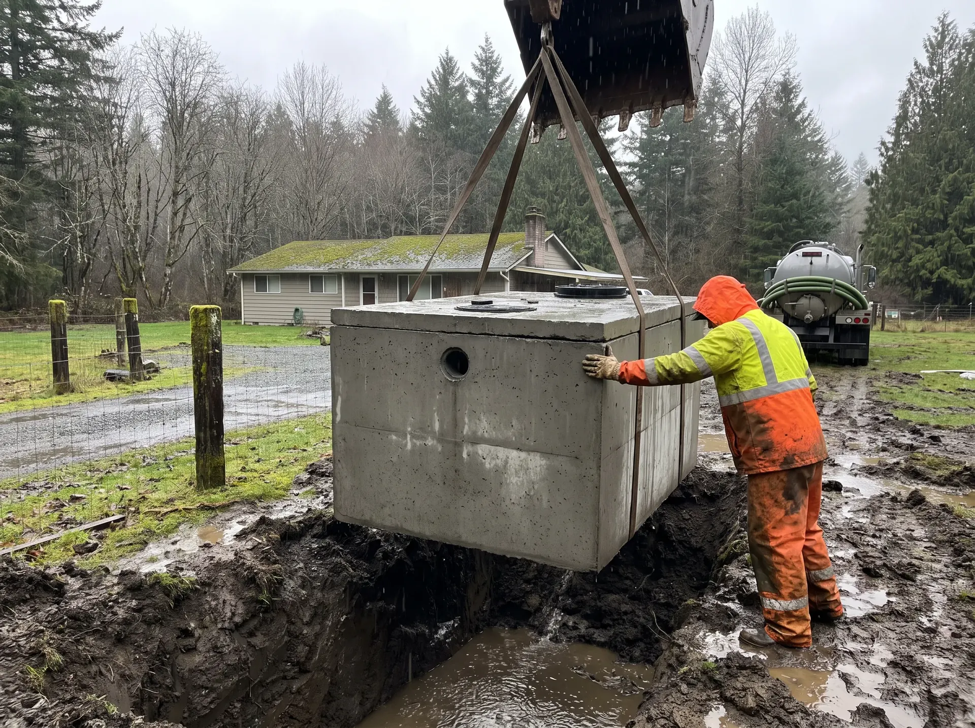 Setting a new precast septic tank with an excavator