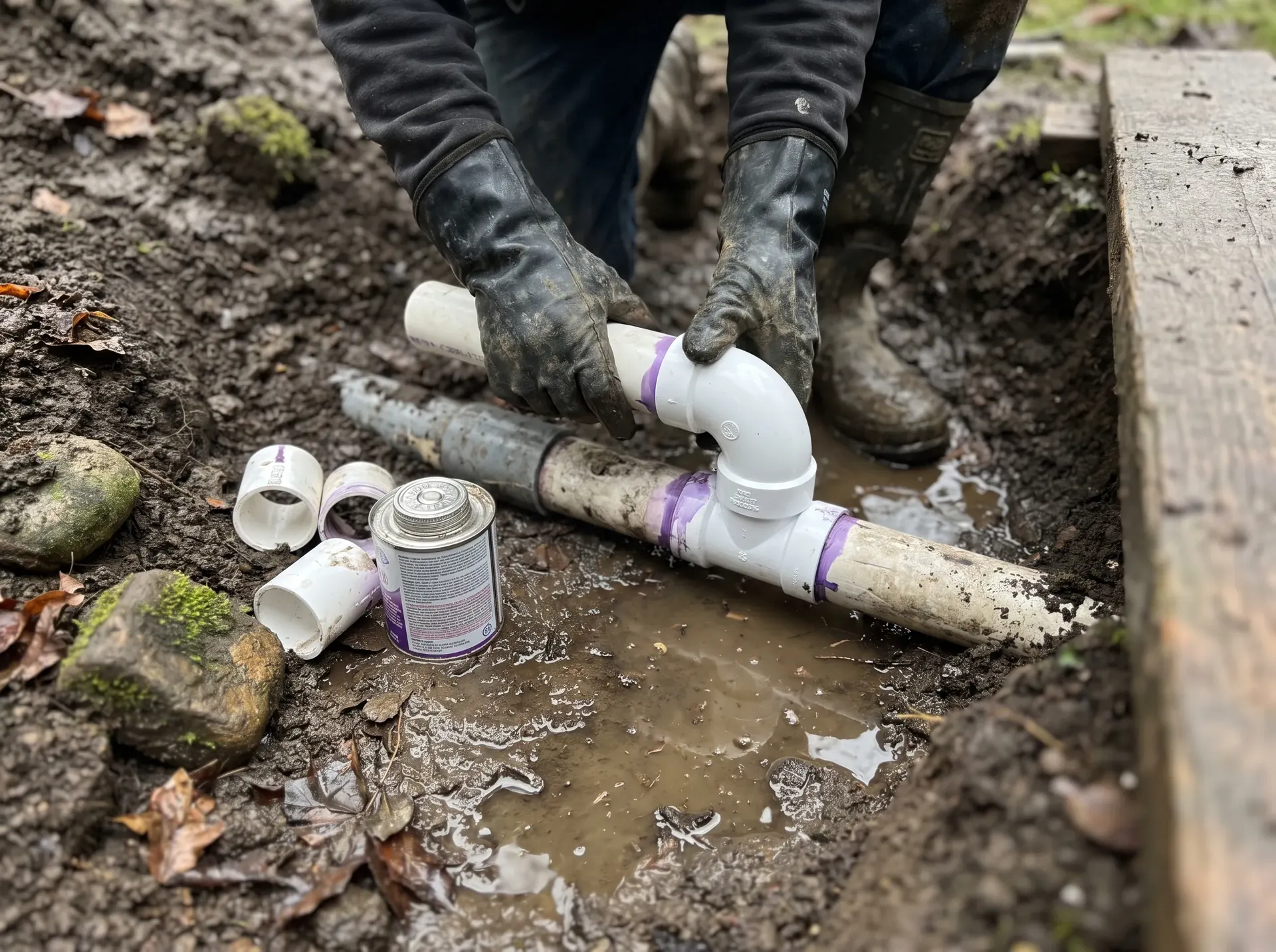 New PVC fitting being solvent welded on a septic line