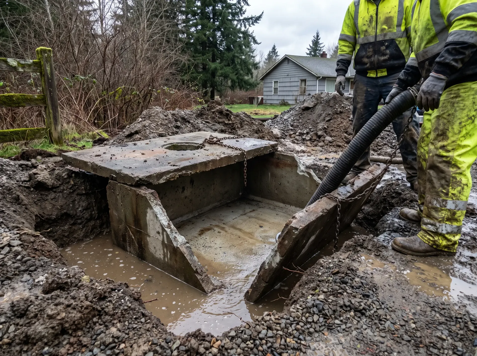 Old concrete septic tank broken out for removal