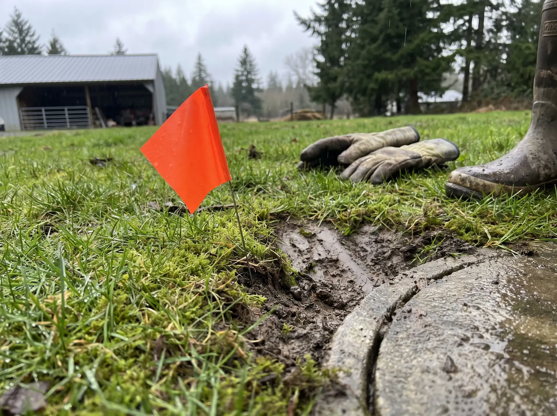 Marker flag set where a buried septic lid was found