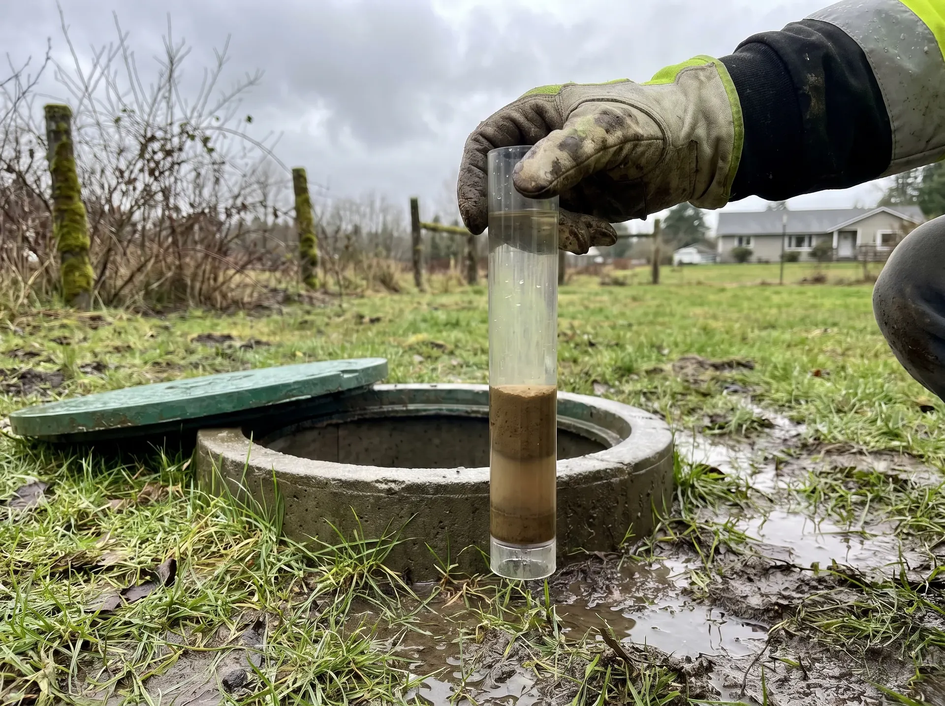 Measuring sludge depth in a septic tank during pumping
