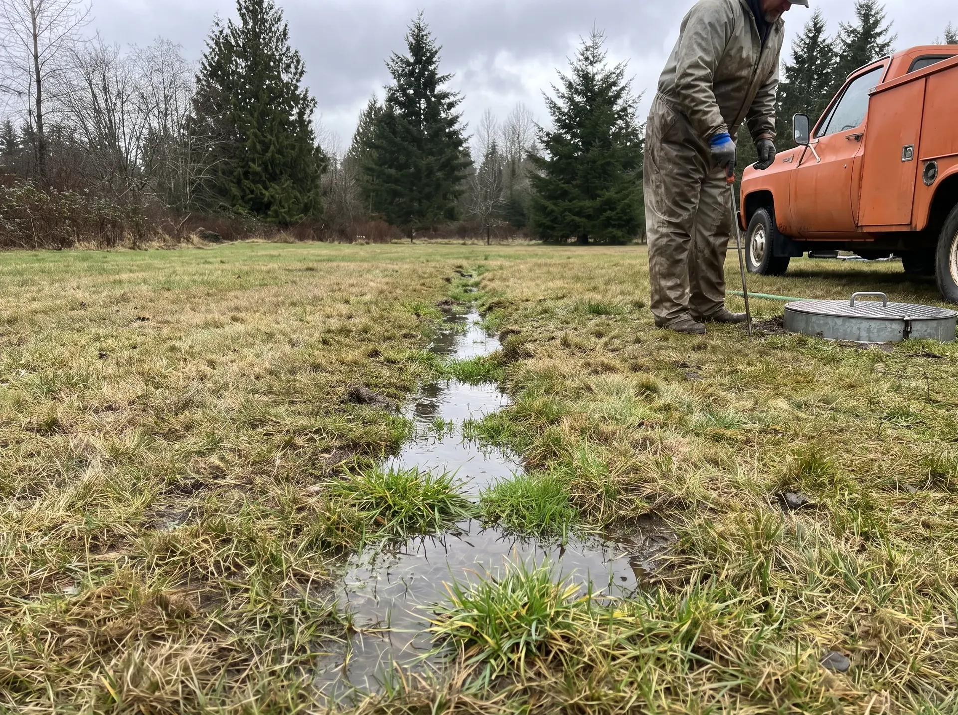 Saturated septic drain field with standing water in the grass