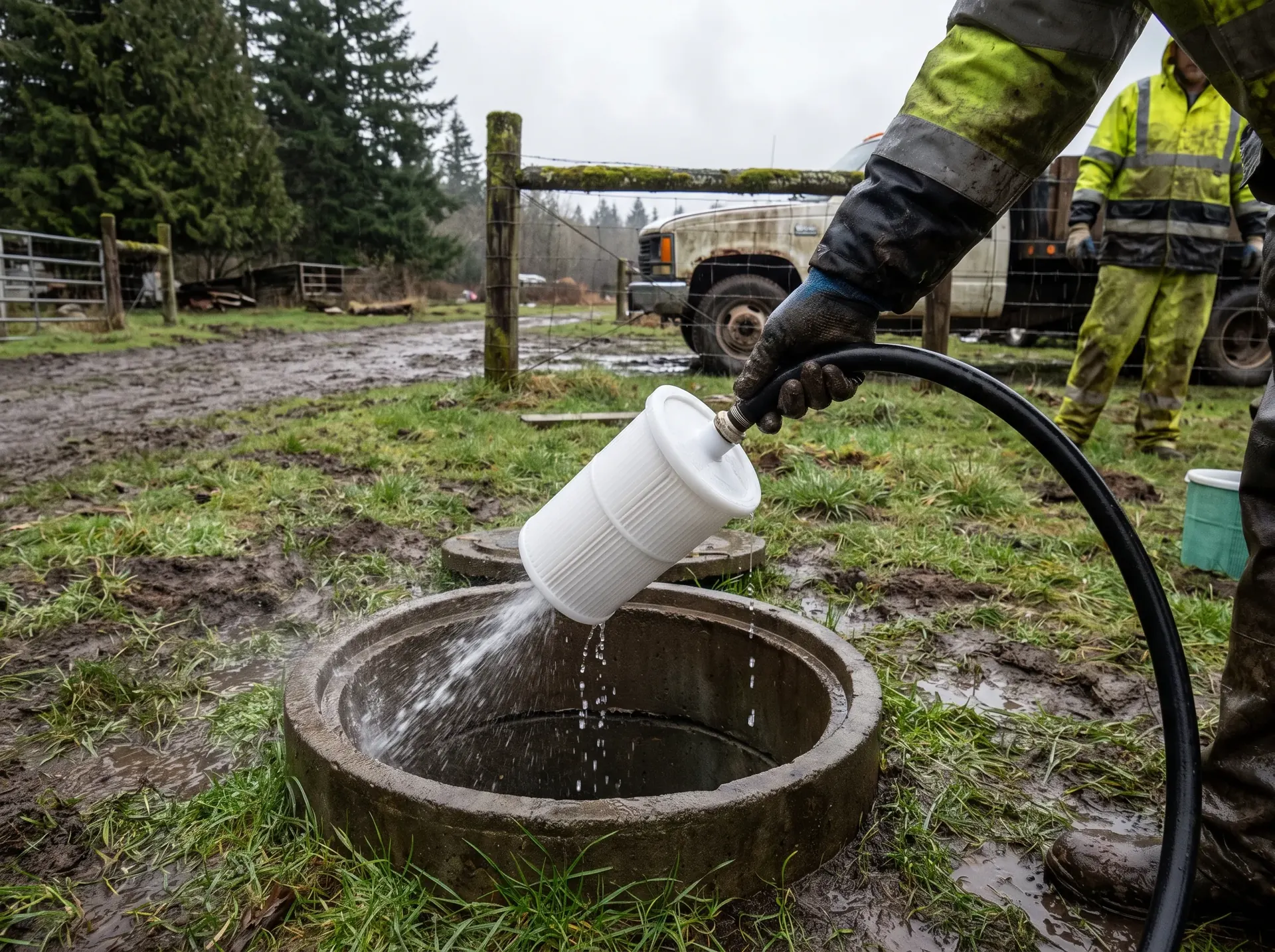 Effluent filter pulled and being rinsed off