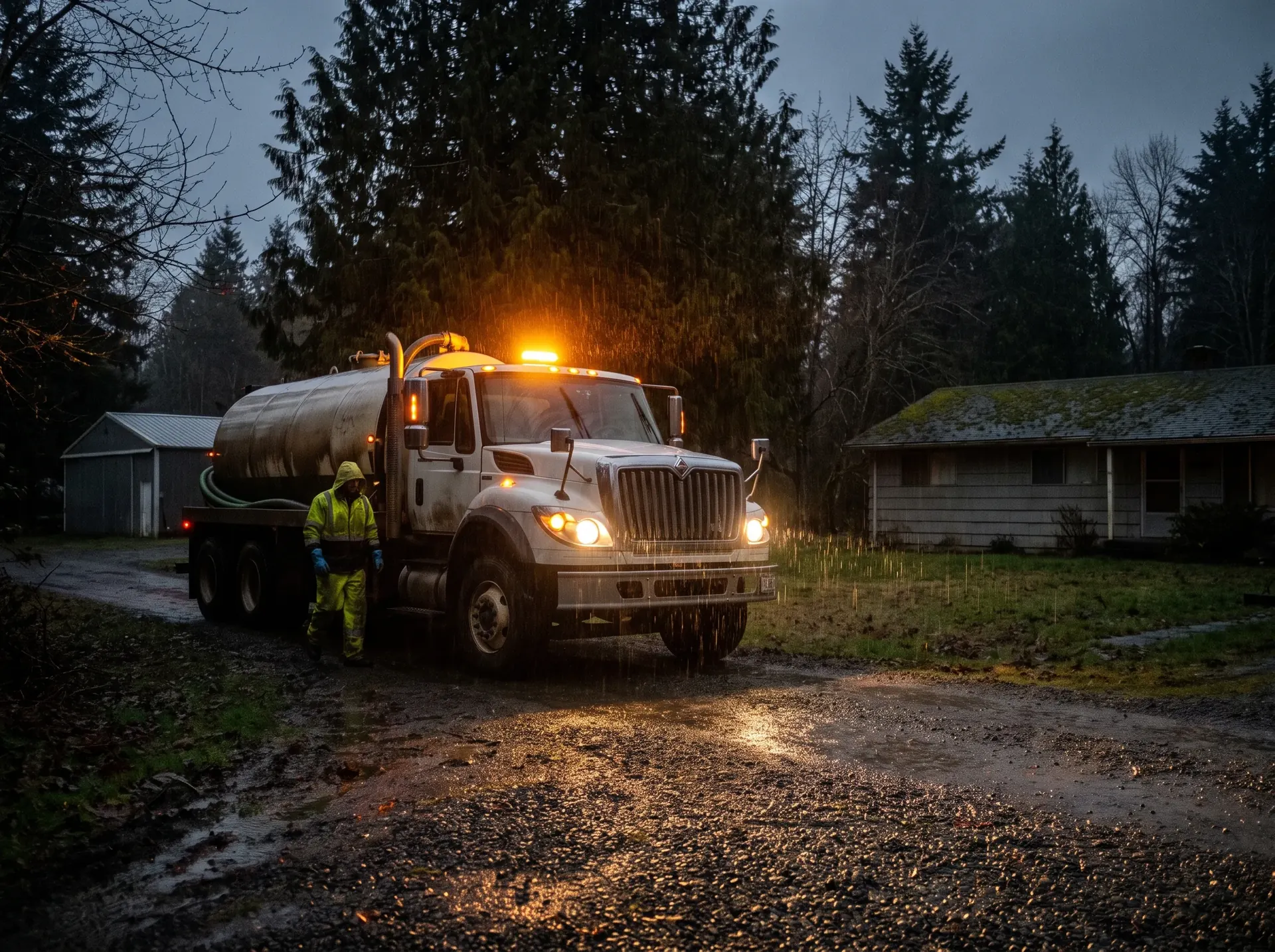 Septic truck arriving for an emergency callout after dark