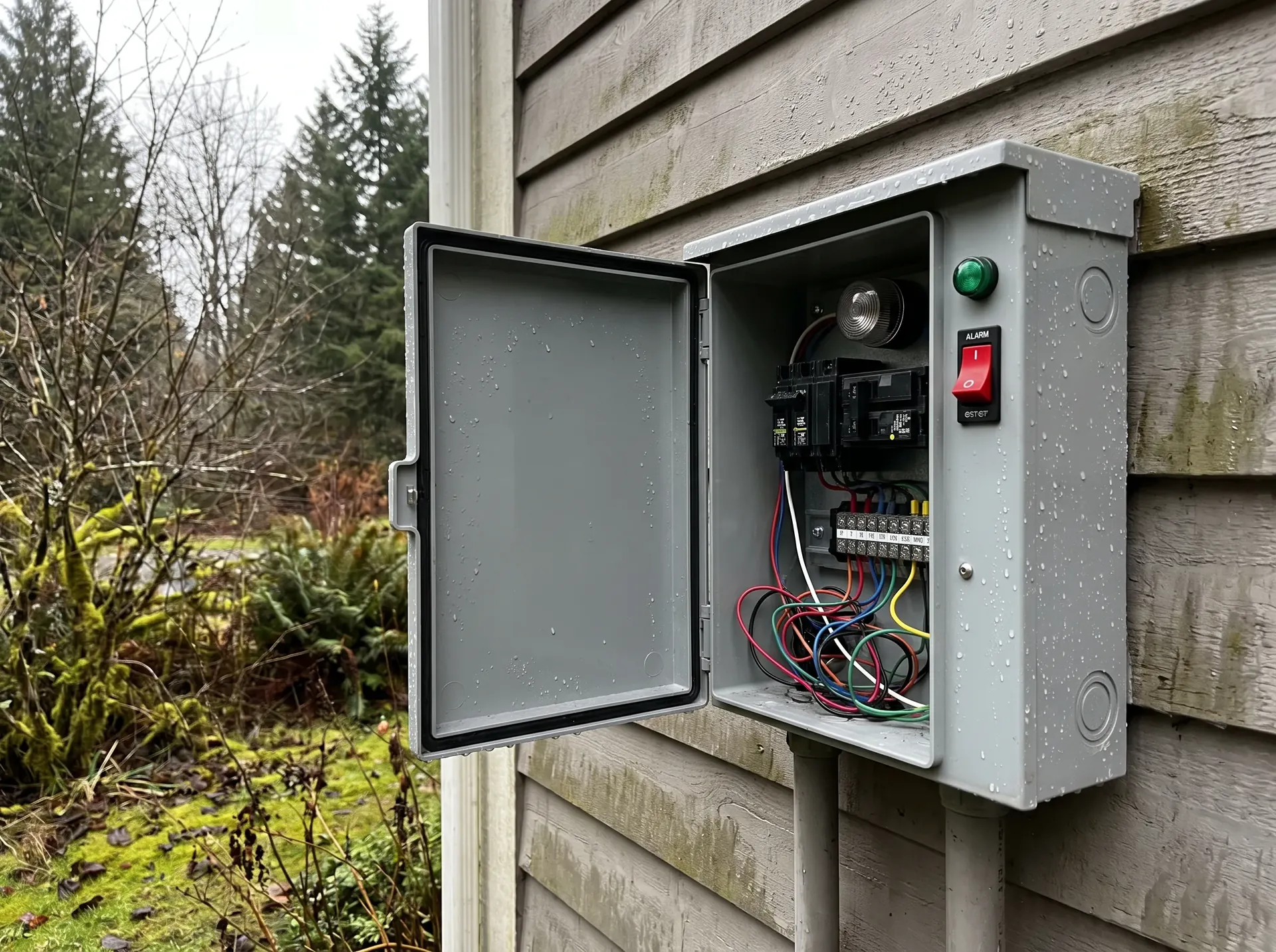 Septic pump control panel and alarm on the outside of a house