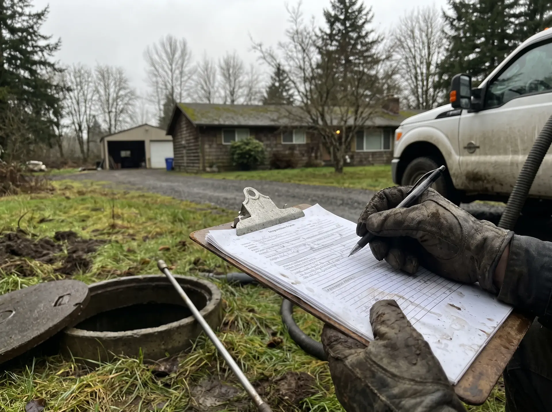 Septic inspector recording findings on a clipboard beside an open tank