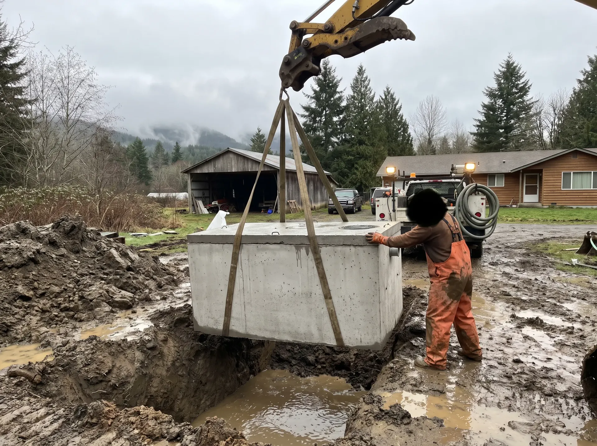 New septic tank being set into an excavated hole