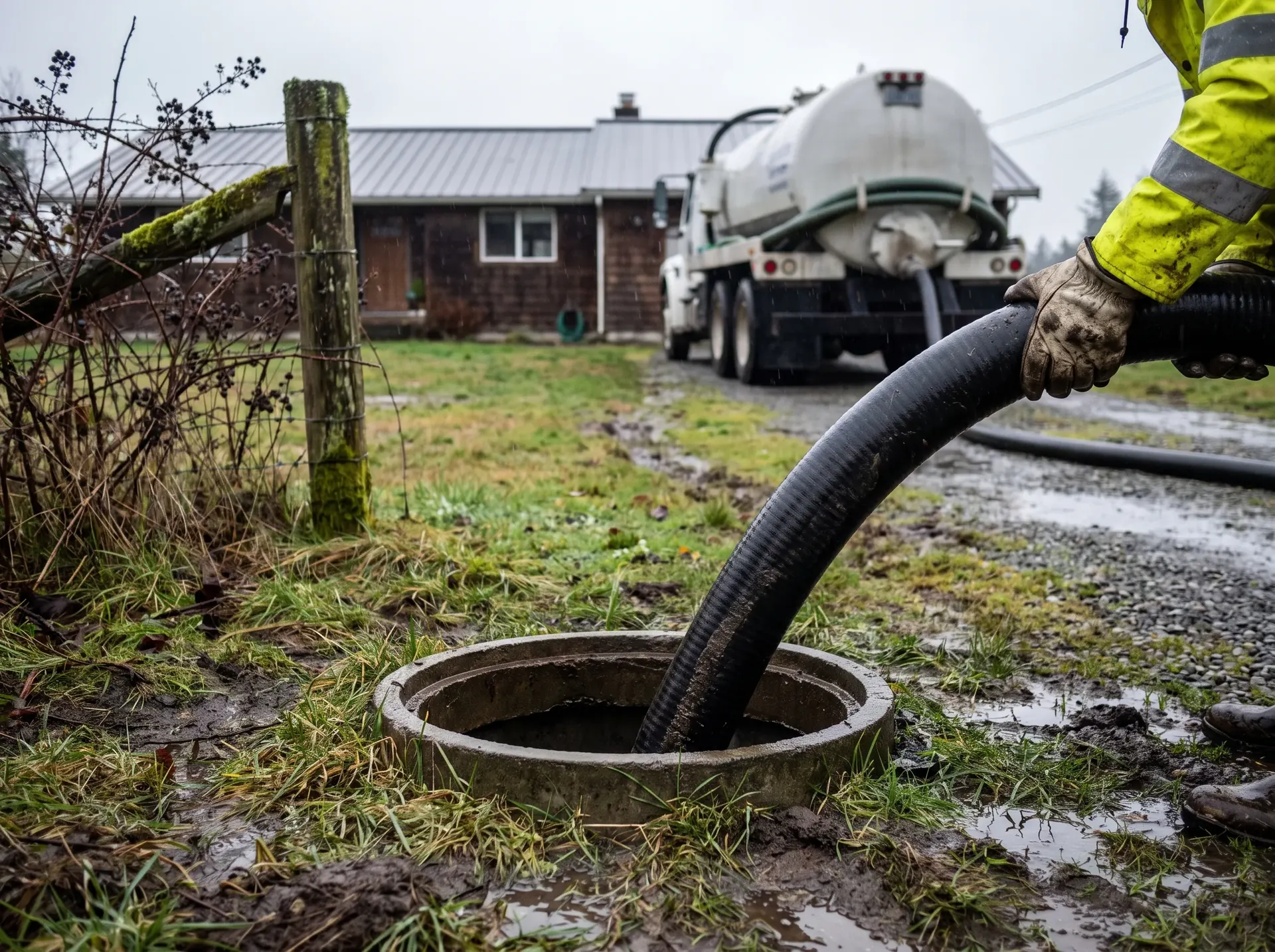 Suction hose running into an open septic tank riser during pumping